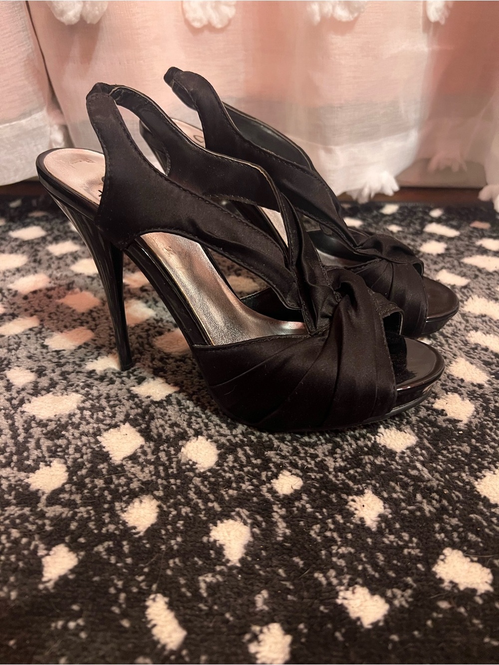 Women's Black Satin Peep-Toe Slingback Stiletto Heels
